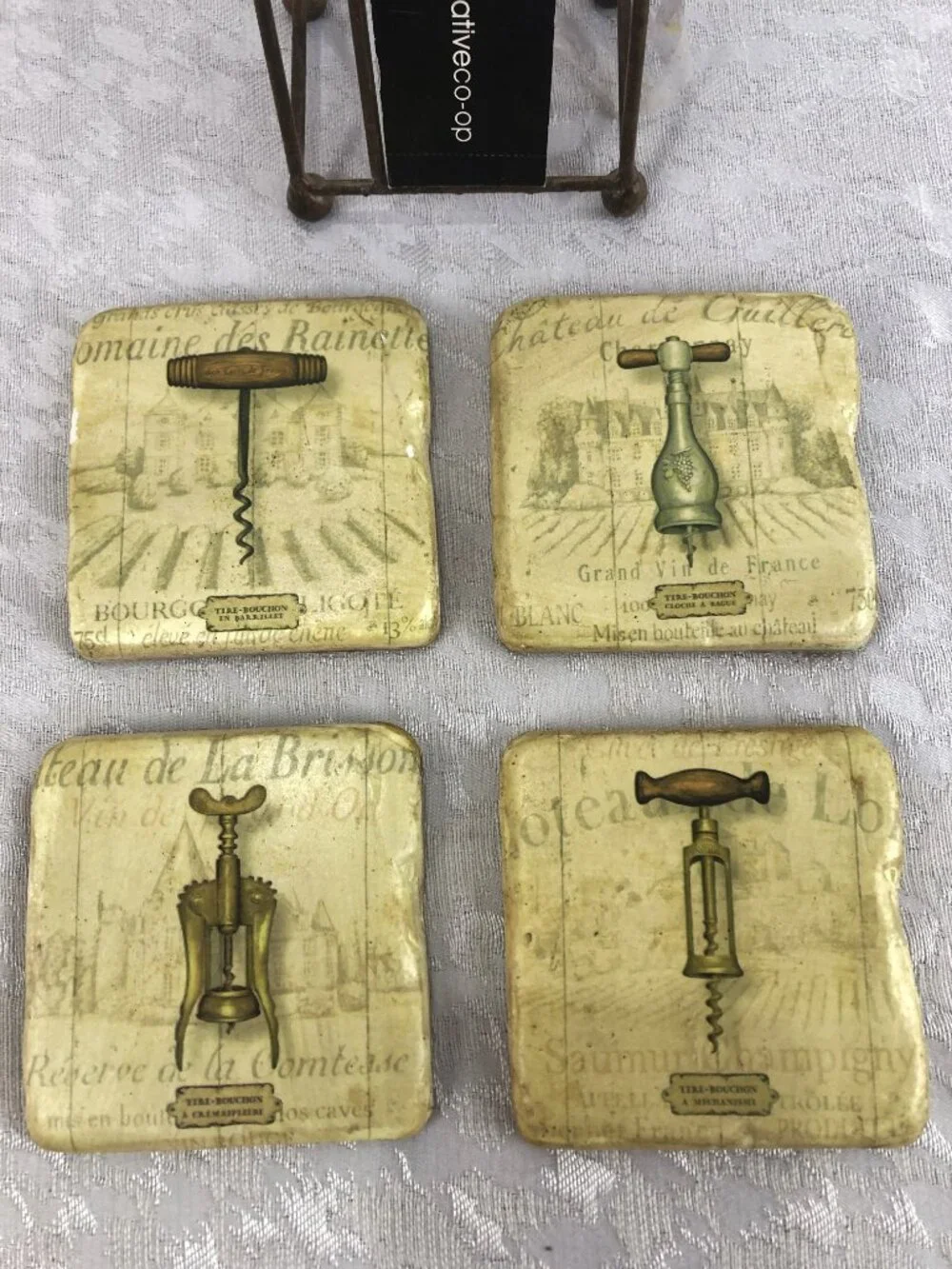 Creative Co-Op Corkscrew Artwork Resin Coasters (Set of 4) with Metal Stand NWT